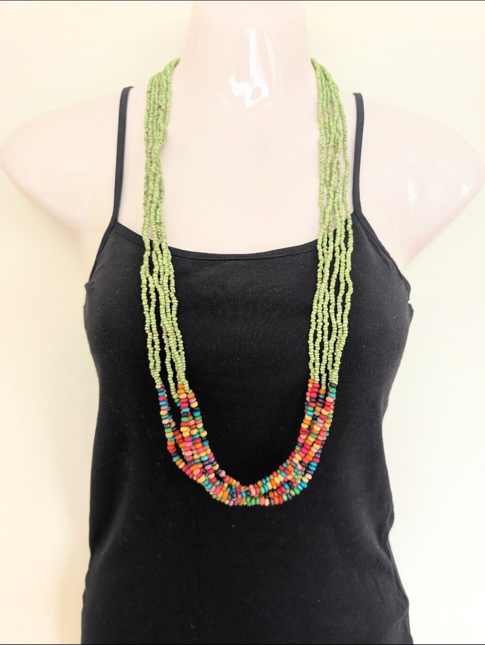 Multi-strand Multi-coloured Wood Bead Long Necklace